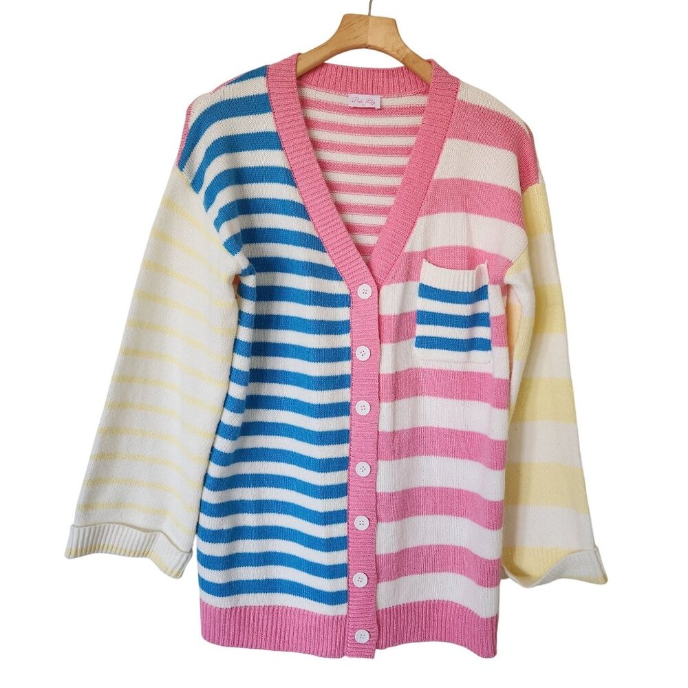 Pink Lily Striped Button-Front Cardigan Sweater Preppy Coastal Beachy Soft Cozy - Picture 2 of 8